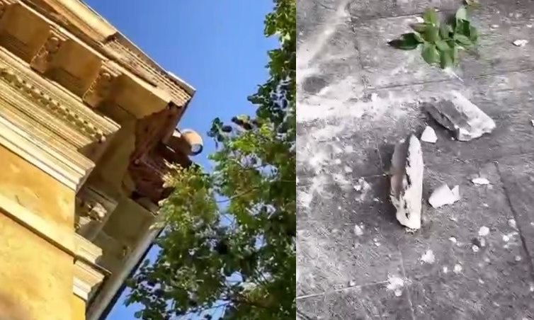 Кусок каменного карниза рухнул на тротуар в центре Одессы, чудом никого не задев